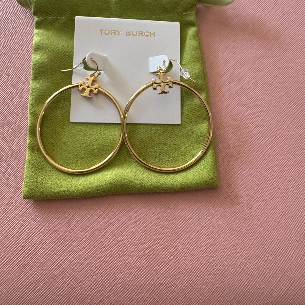 Tory Burch Gold Logo Hoop Earrings